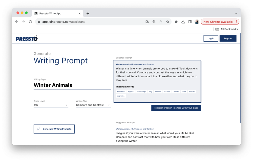 Image of the Pressto Writing Assistant platform, demonstrating how it can assist students with winter-themed writing tasks.