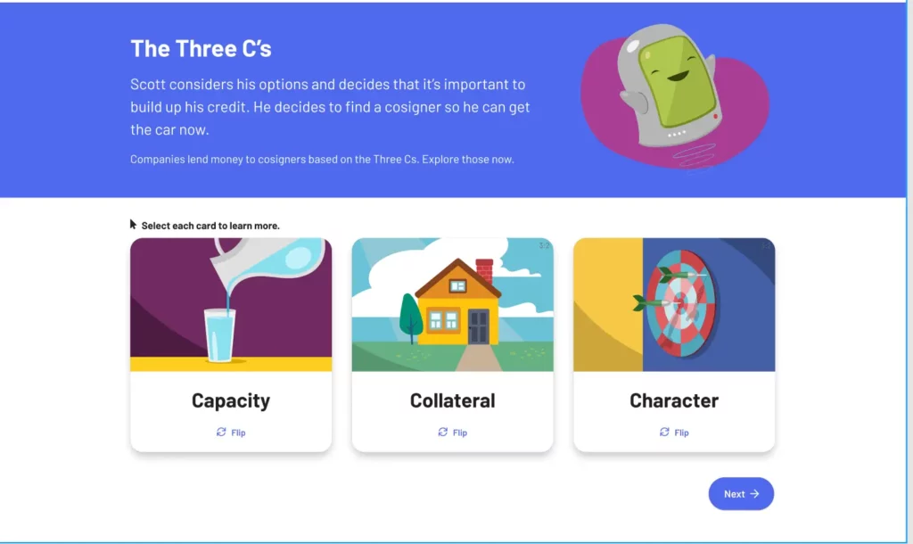 A digital educational platform captured in a screenshot, teaching middle schoolers about the economy through engaging visual aids and information.